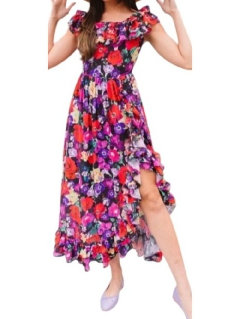 Ivy City Co. Womens Floral Ruffle Maxi Dress Medium Black Multicolor Polyester
